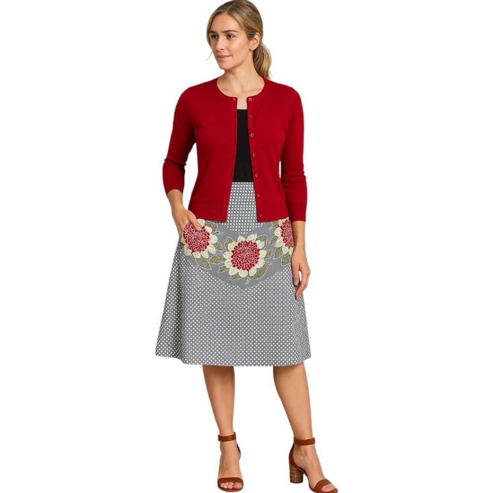 Nu Construction Y2K Gray A-Line Polka Dot Floral Skirt Size 4